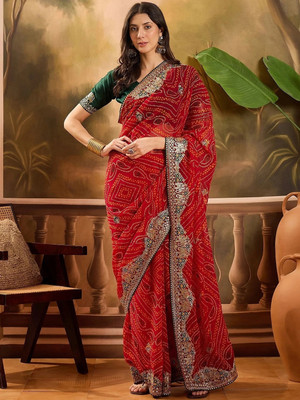 Sareezaa Printed Bandhani Georgette Saree(Red)