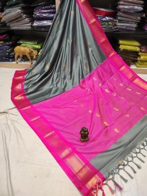 Fab Silk Embroidered Kanjivaram Silk Blend Saree(Grey, Pink)