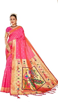 panchaamrit Self Design, Polka Print, Floral Print Paithani Pure Silk Saree(Pink)