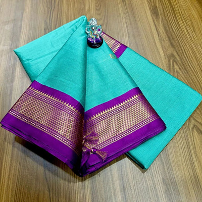 NST5 Printed Paithani Cotton Silk Saree(Light Blue, Magenta)
