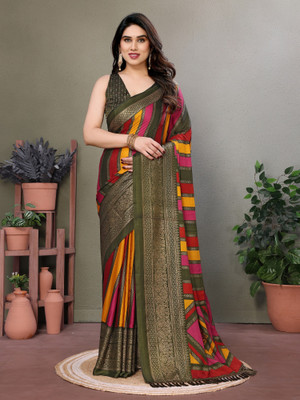 ROOP SUNDARI SAREES Striped, Printed Bollywood Pure Silk Saree(Multicolor)