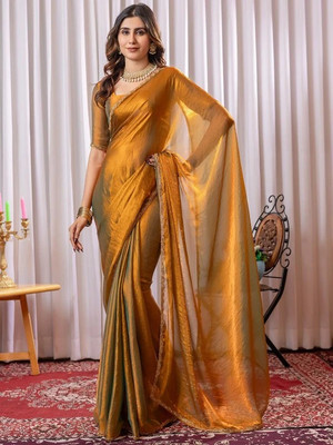 Online Bazaaar Embellished, Embroidered, Solid/Plain Bollywood Chiffon, Pure Silk Saree(Gold)