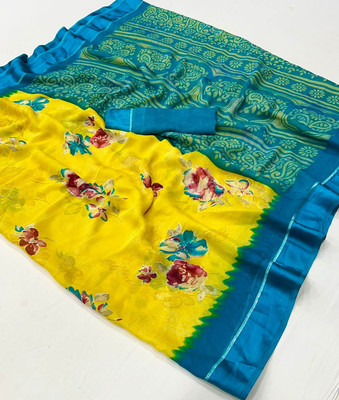 KOMAL NX Floral Print Bollywood Georgette Saree(Yellow, Light Blue)
