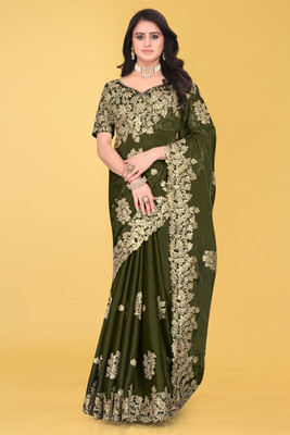 Mortile Designer Studio Embroidered Bollywood Georgette, Chiffon Saree(Green)