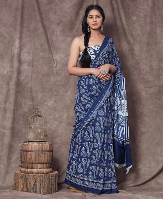 The Familiar Handicrafts Printed, Blocked Printed Bollywood Pure Cotton Saree(White, Blue)