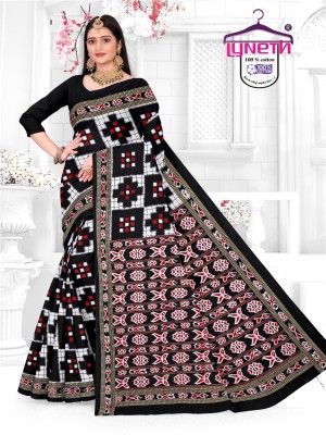 LYNETH Printed Sambalpuri Pure Cotton Saree(White, Black, Red)