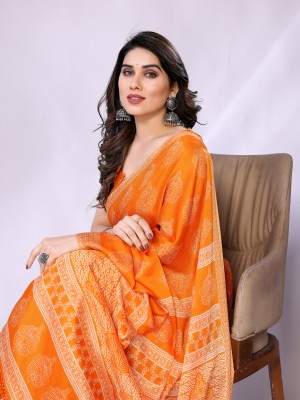 FABMORA Printed, Blocked Printed Daily Wear Chiffon, Georgette Saree(Orange)