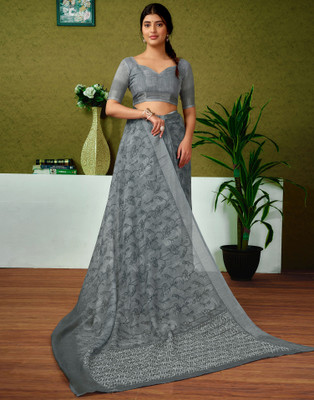 Samah Floral Print, Geometric Print, Embellished Bollywood Linen Saree(Grey)