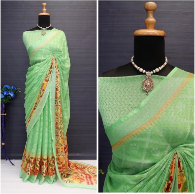 Hensi sarees shop Printed Daily Wear Chiffon, Brasso Saree(Light Green, Red)
