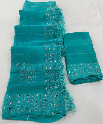 Vichitra Embellished, Embroidered Bollywood Chiffon, Silk Blend Saree(Blue)