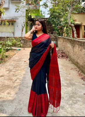 GOURISAREE Temple Border Handloom Cotton Blend Saree(Black, Red)