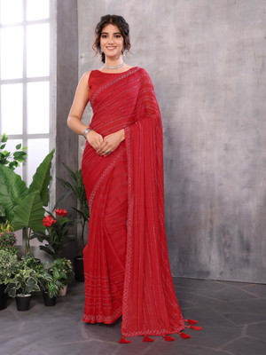 YASHIKA Embellished Bollywood Chiffon Saree(Red)