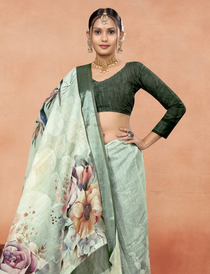 Gajal Printed, Woven Kanjivaram Pure Cotton, Cotton Linen Saree(Light Green)