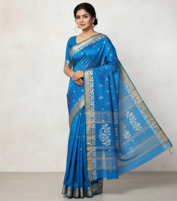 DENLINFABRICS Woven Pre Draped Saree Cotton Blend Saree(Blue)
