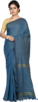GOLU Striped Handloom Cotton Blend Saree(Light Blue)