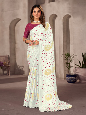 Sareemall Embellished Bandhani Chiffon Saree(White)