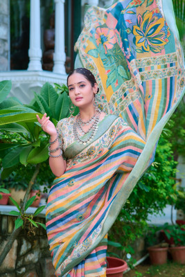 Vinayak Textile Printed Bollywood Linen Saree(Green)