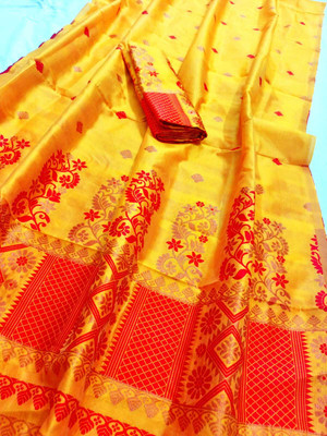 Mekhla Chador Woven Mekhela Chador Pure Silk Saree(Gold)