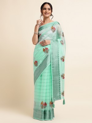 FABMORA Embellished, Embroidered Bollywood Organza Saree(Light Green)