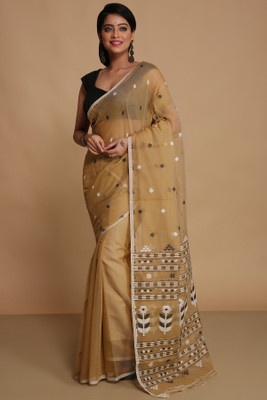Divastri Checkered Taant Pure Cotton Saree(Beige)