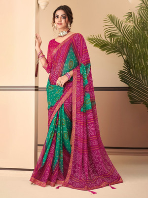 SainiVastra Printed Bandhani Chiffon Saree(Magenta)