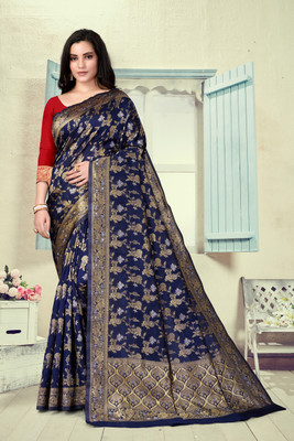 Vastram Enterprise Self Design Kanjivaram Silk Blend Saree(Dark Blue)
