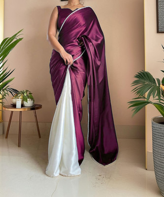 BIGJANE Self Design Banarasi Satin Saree(Purple, White)