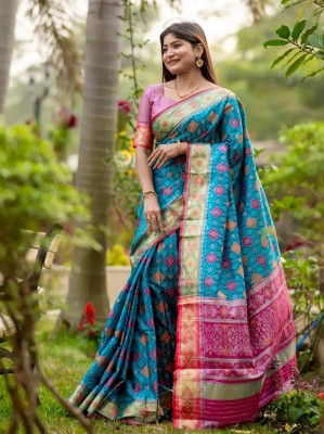 M.S.RETAIL Printed Banarasi Silk Blend Saree(Light Blue)