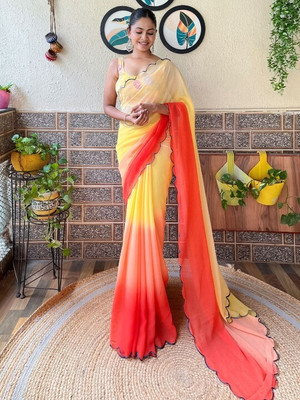 SICHYAH Solid/Plain, Ombre Bollywood Georgette Saree(Yellow, Orange)