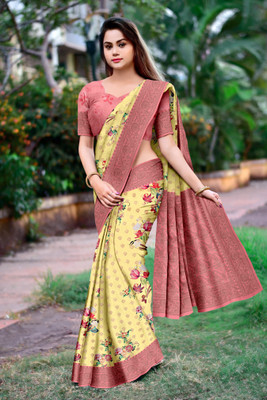 HouseOfCommon Digital Print Banarasi Crepe Saree(Yellow)