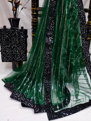 YanviEnterprise Embroidered Ikkat Net Saree(Green)