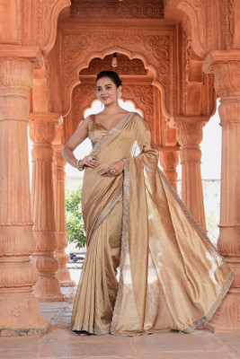 SHRIMORI Solid/Plain Bollywood Silk Blend Saree(Gold)