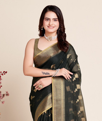 SUDIPTA Woven Kota Doria Cotton Silk Saree(Black)