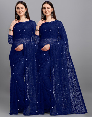 LOROFY Self Design Bollywood Net Saree(Pack of 2, Dark Blue)