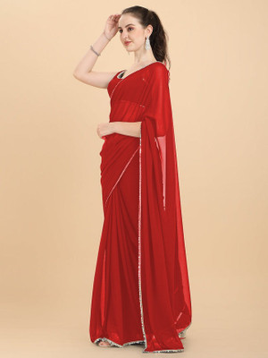 maa creaation Solid/Plain Bollywood Georgette Saree(Red)