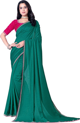 radhe creation Solid/Plain Bollywood Silk Blend Saree(Green)