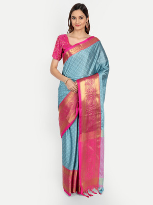 VILLAGIUS Woven Kovai Jacquard, Cotton Silk Saree(Light Blue)