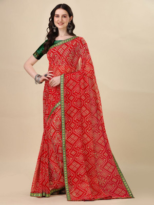 Dori Geometric Print Bandhani Chiffon Saree(Red)