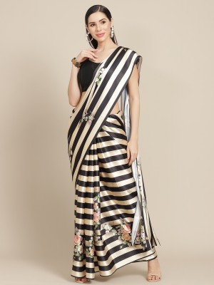 AVANSHEE Striped, Digital Print, Floral Print Bollywood Satin Saree(Black)