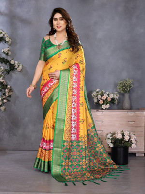 KB TEX Digital Print Bollywood Cotton Silk Saree(Yellow)