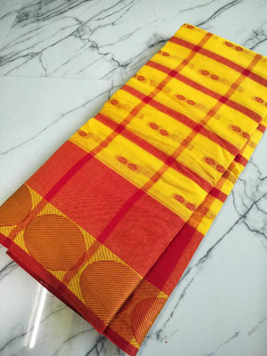Bikash Dutta Fashion Self Design Tant Pure Silk Saree(Yellow, Red)