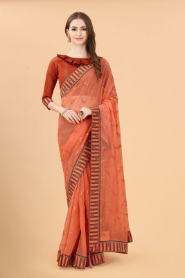 Vrati Creation Embroidered Daily Wear Cotton Silk Saree(Orange)