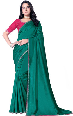 radhe creation Solid/Plain Bollywood Silk Blend Saree(Light Green)