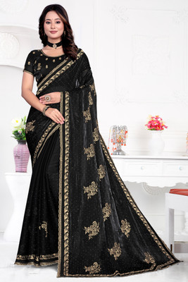 Mikhushop Floral Print Bollywood Jimmy choo Saree(Black)