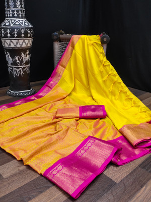 VRINDITA FASHION Embellished Assam Silk Cotton Silk Saree(Yellow)