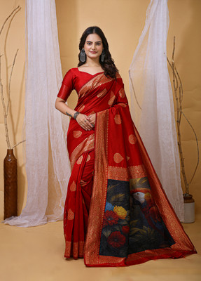 AEDYM Woven, Floral Print, Printed Banarasi Silk Blend Saree(Red)