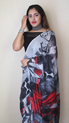 Anand Sarees Ombre, Geometric Print Bollywood Georgette Saree(Grey, Black)