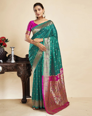 SATQ Woven, Animal Print, Temple Border Kanjivaram Art Silk, Jacquard Saree(Light Green)