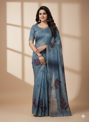 UNBRENDED Floral Print Banarasi Silk Blend Saree(Dark Blue)