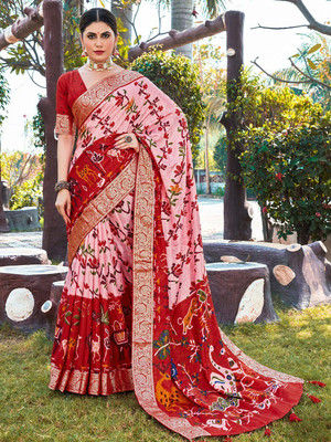 ANOUK Woven Pochampally Viscose Rayon Saree(Pink)